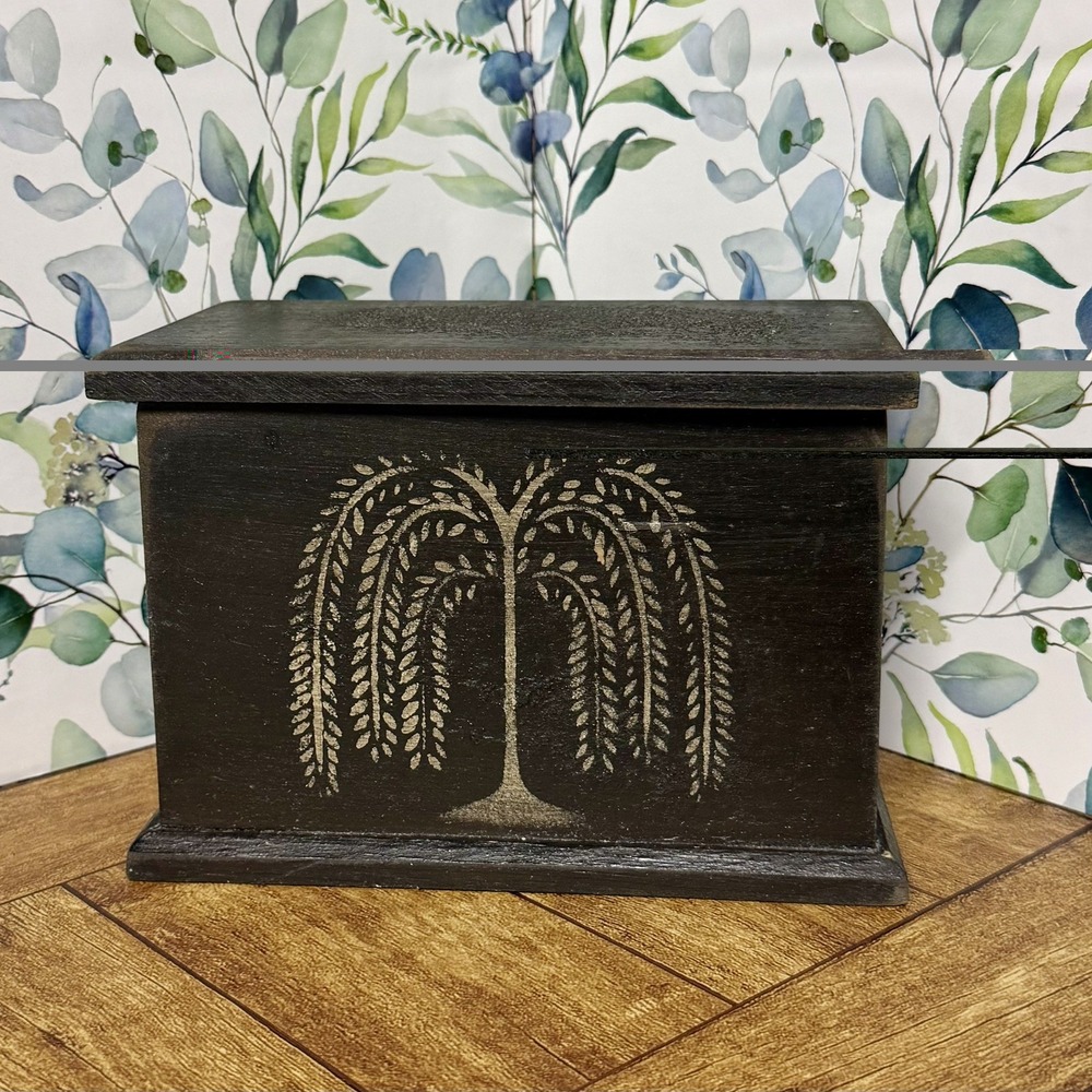 Primitive Weeping Willow Hand-Painted Wood Trinket Box Black Distressed 8x5.5